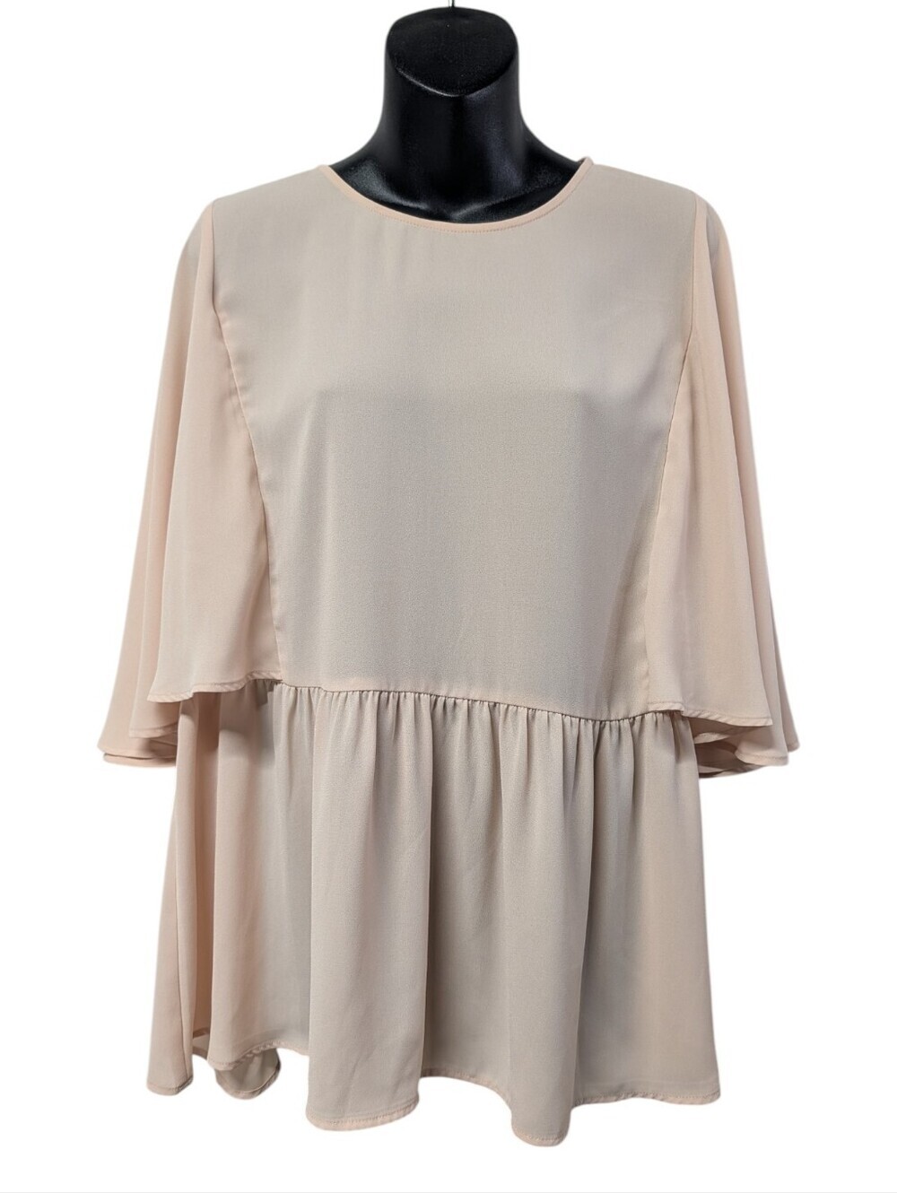 Express Beige Nude Peplum Blouse Size L Flutter Bell Sleeves Keyhole Back Flowy